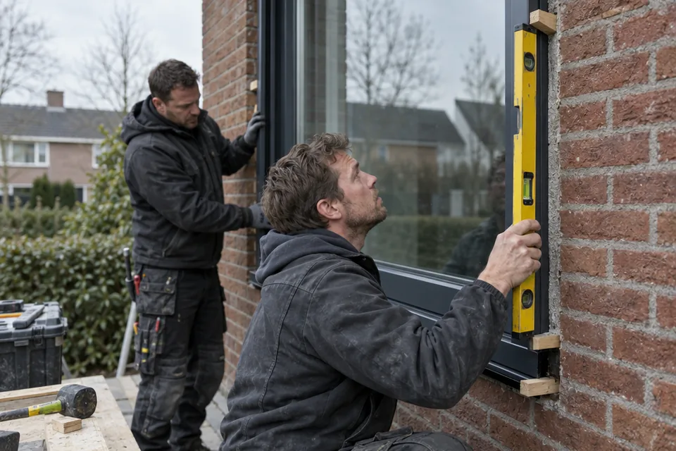 Twee vakmensen plaatsen een nieuw kozijn in een woning