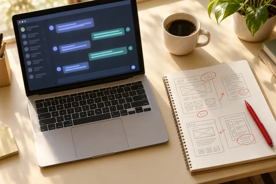 Laptop met een AI-chat naast een schetsboek met websiteschetsen en rode correcties