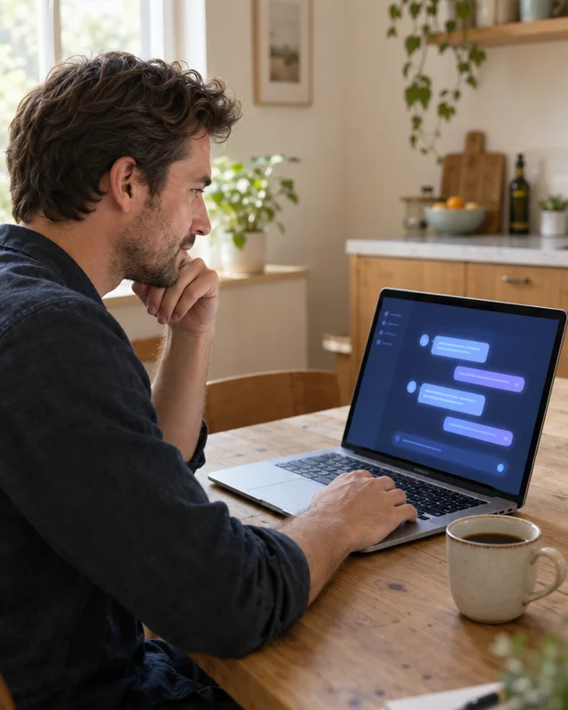 Ondernemer aan de keukentafel met een laptop met een AI-chat