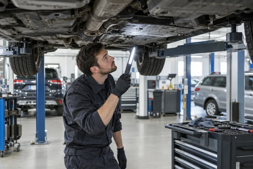 Monteur controleert een auto op de brug in een werkplaats
