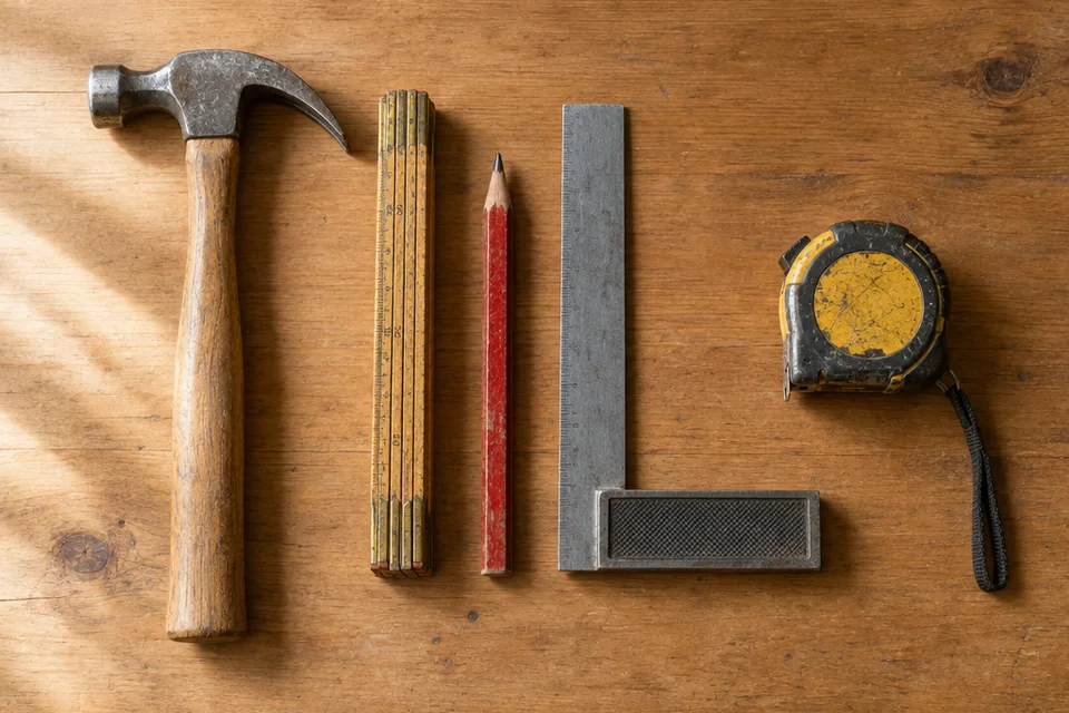 Handgereedschap netjes op een rij op een houten werkbank