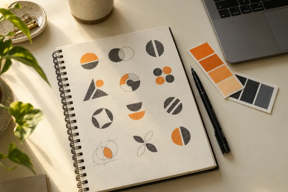 Schetsboek met logoschetsen, een fineliner en kleurstalen op een bureau