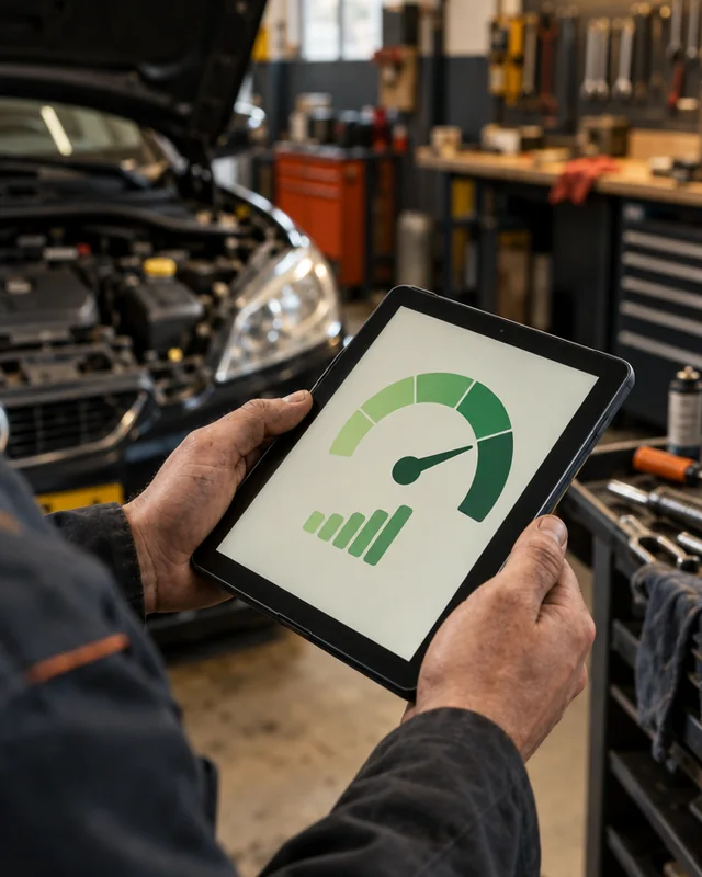 Monteur in een garage met een tablet met een prestatiemeter