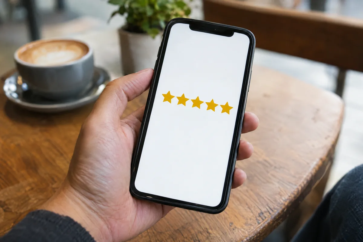 Smartphone met vijf sterren in beeld, klaar voor een Google-review