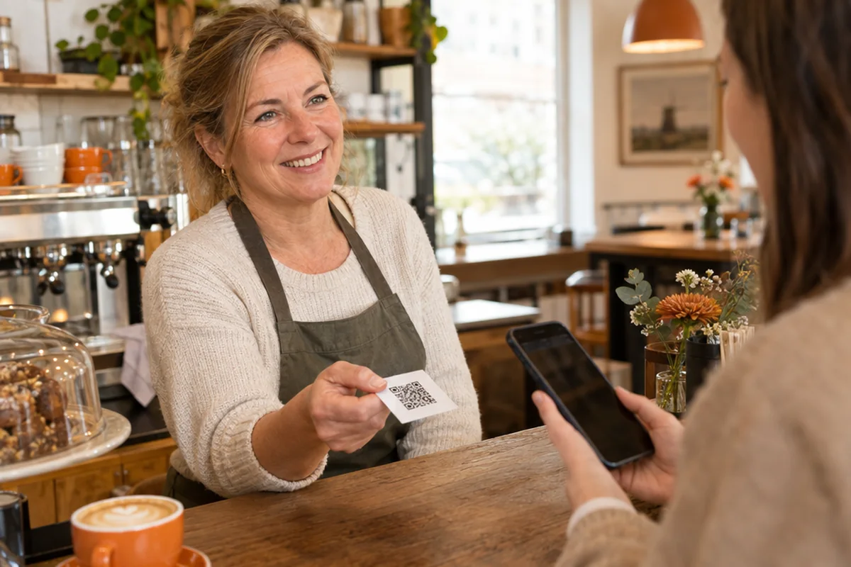 Ondernemer geeft een klant aan de toonbank een kaartje met een QR-code voor een Google-review