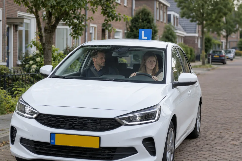 Lesauto van een rijschool in een woonstraat