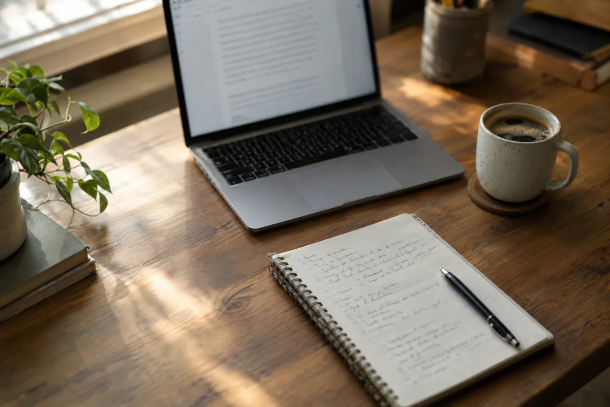 Bureau van een tekstschrijver met laptop, notitieboek en koffie