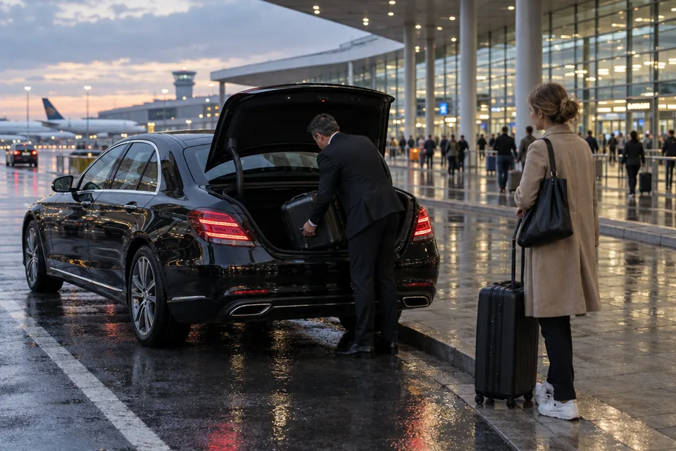 Taxichauffeur laadt een koffer in bij de vertrekhal van een luchthaven