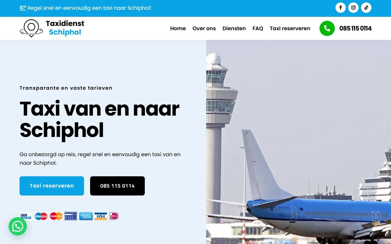 Website van Taxidienst Schiphol op laptop en telefoon