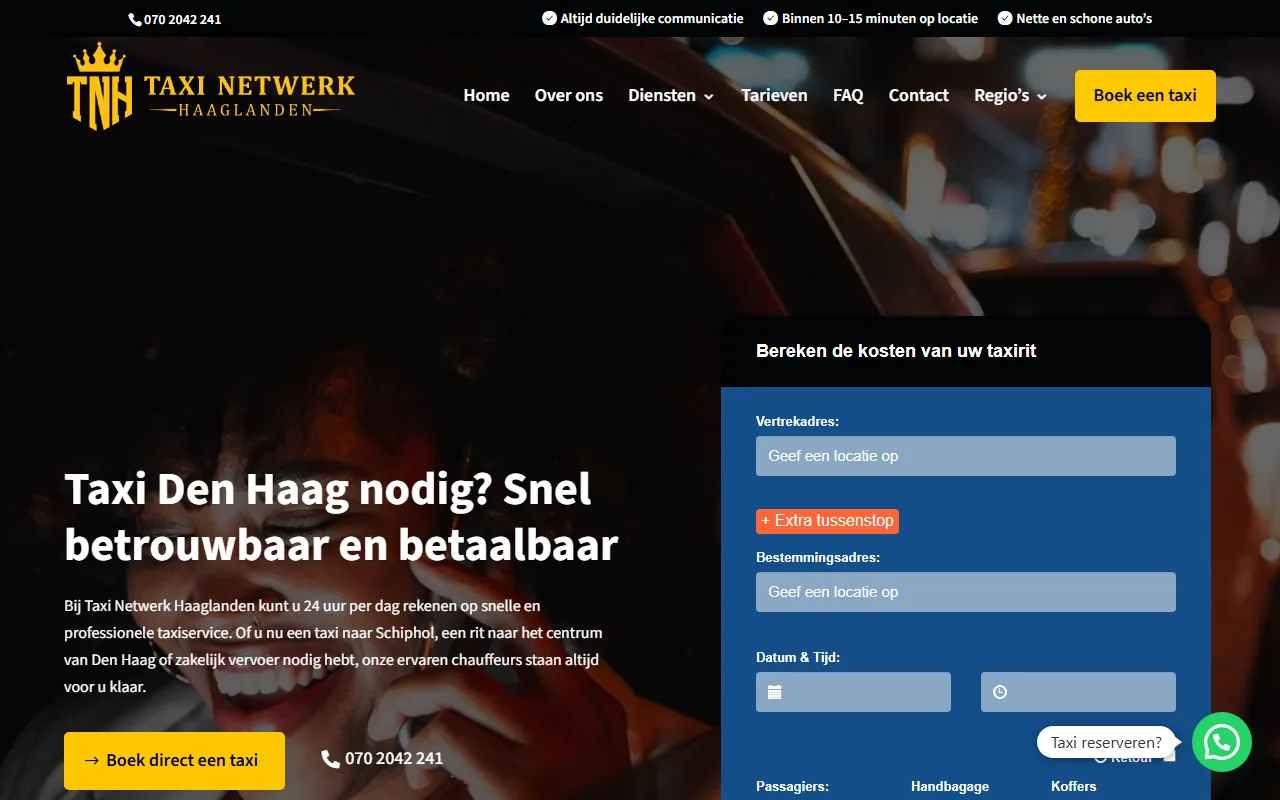 Website van Taxi Netwerk Haaglanden uit Den Haag op laptop en telefoon