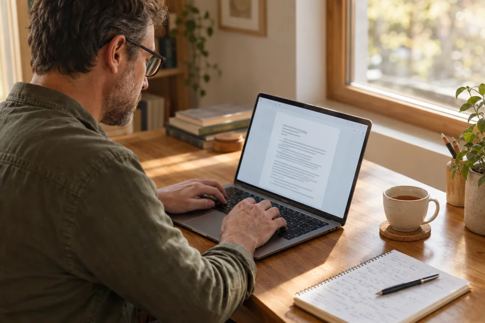 Tekstschrijver werkt aan een laptop met een notitieboek ernaast