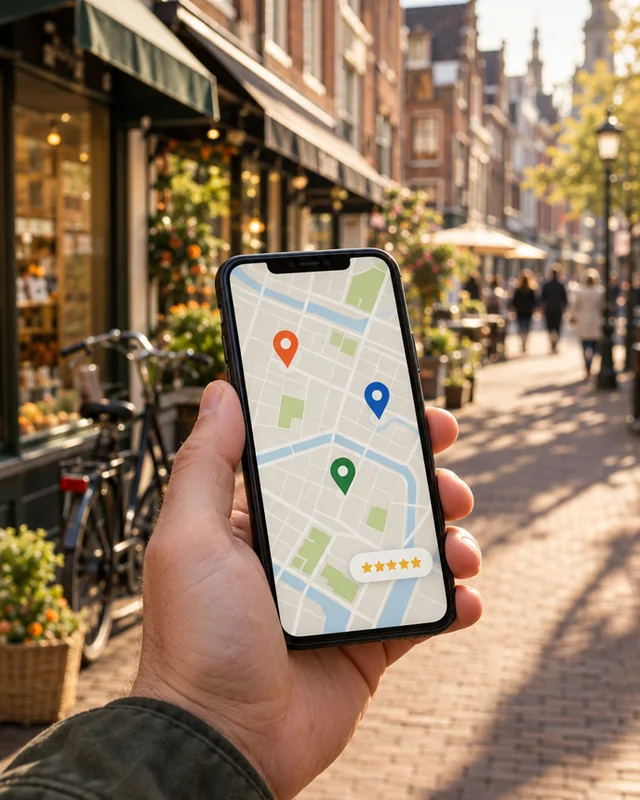 Hand met telefoon met een kaart en locatiepunten in een winkelstraat