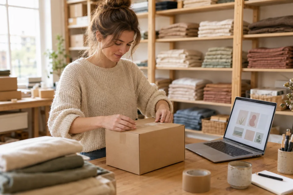 Ondernemer pakt een bestelling in naast een laptop met haar webshop