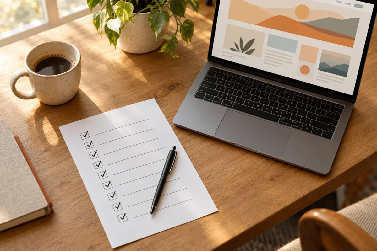 Afgevinkte checklist op papier naast een laptop met een website-ontwerp