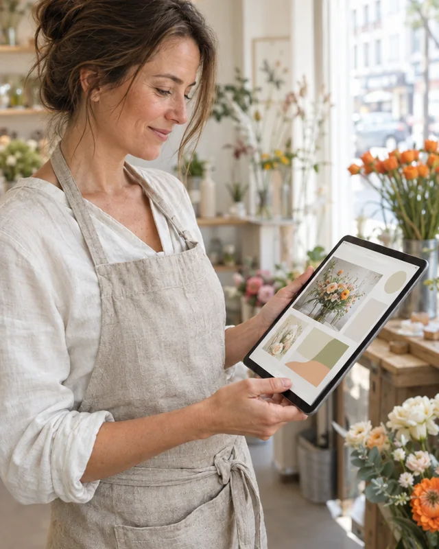 Ondernemer bekijkt haar nieuwe website op een tablet in haar bloemenwinkel