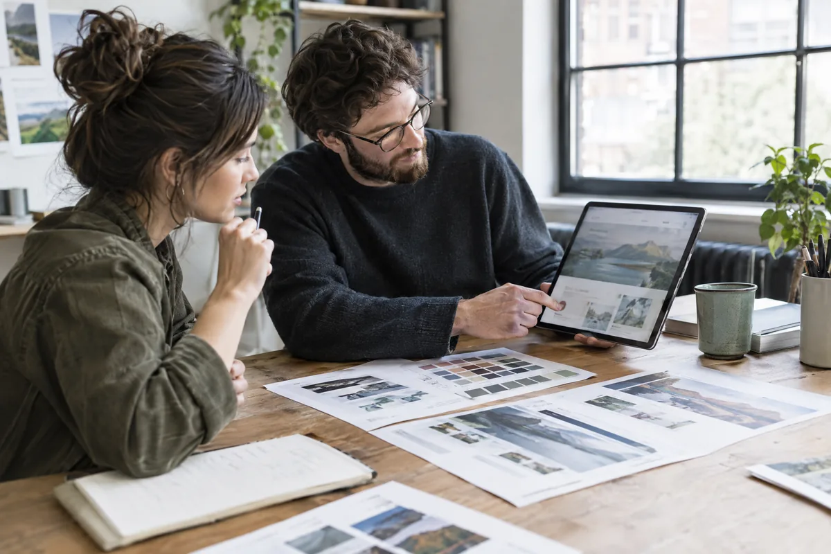Twee webdesigners beoordelen website-ontwerpen aan een studiotafel