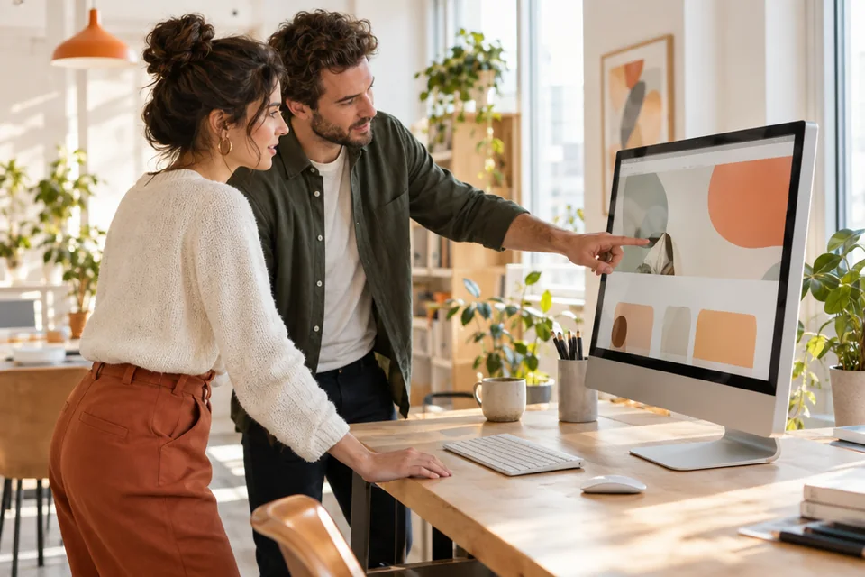 Twee collega’s van een bureau bekijken samen een websiteontwerp op een groot scherm